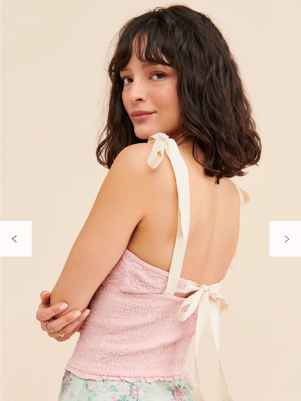 FREE PEOPLE Dawn Smocked Top w/ Ribbons Pink Size Large NWT